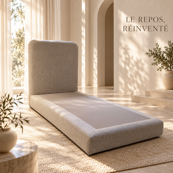 Lit Simple 1 Place Taupe en Tissu Bouclé, Tête de Lit Haute aux Angles Arrondis