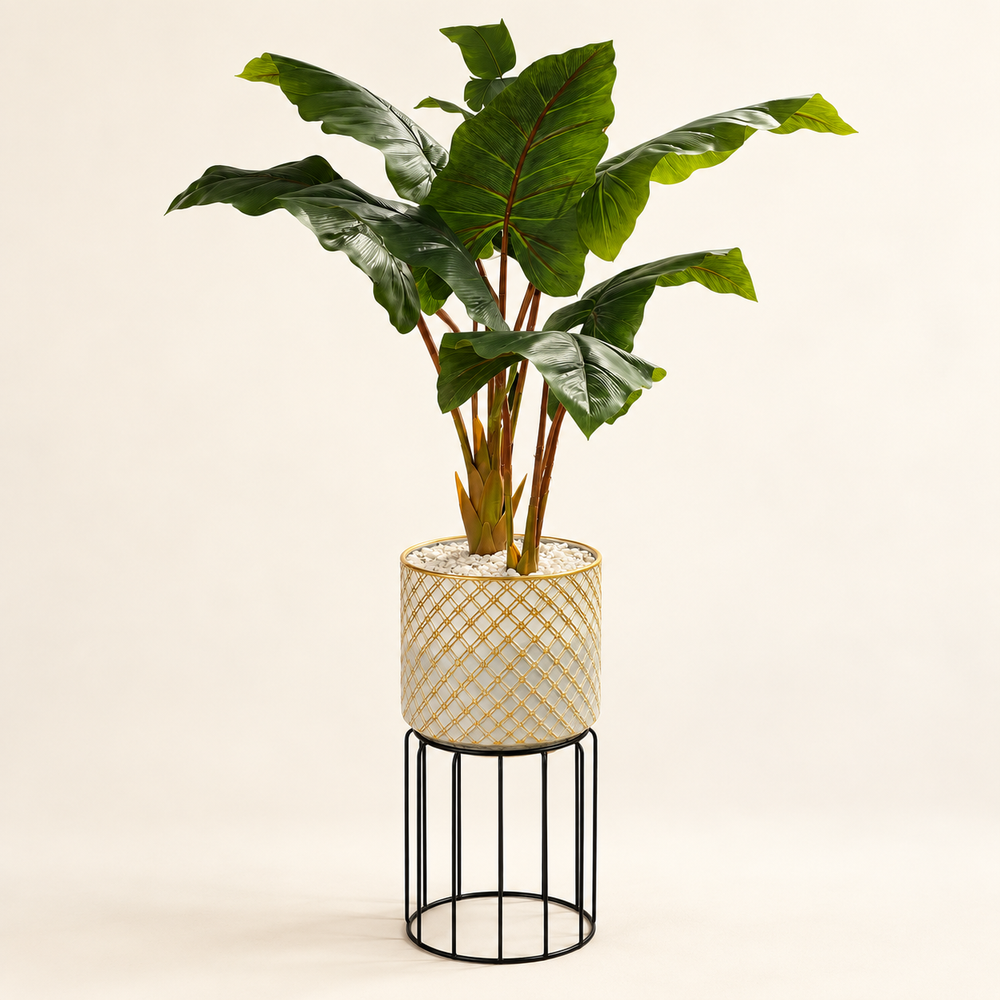 Plante Artificielle Tropicale à Grandes Feuilles avec Pot Céramique Doré et Support Métal Noir