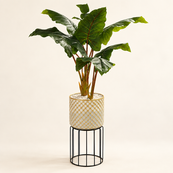 Plante Artificielle Tropicale à Grandes Feuilles avec Pot Céramique Doré et Support Métal Noir