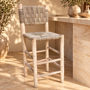 Chaise haute « Rustique » en bois naturel – Assise et dossier en fibres végétales tressées