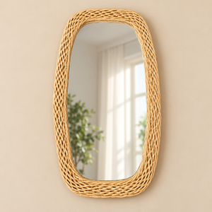 Miroir mural ovale en fibres naturelles tressées main – Cadre artisanal style bohème