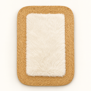 Tapis rectangulaire « Nuage » en fibre naturelle tressée et fourrure synthétique blanche – Bordure en jonc, format vertical