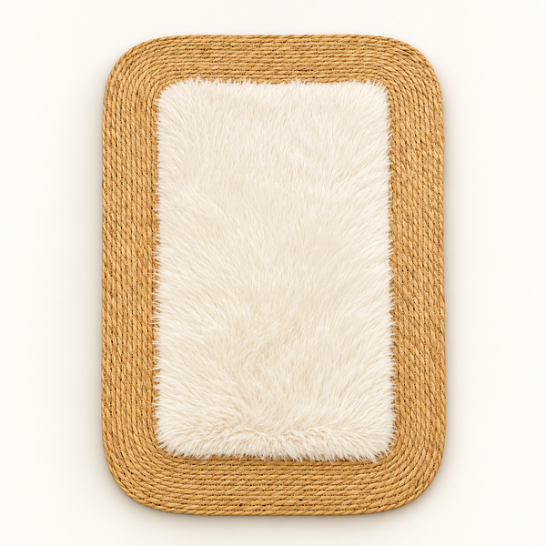 Tapis rectangulaire « Nuage » en fibre naturelle tressée et fourrure synthétique blanche – Bordure en jonc, format vertical