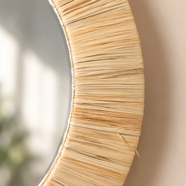 Miroir mural rond en fibres naturelles – Cadre en paille tressée main, style bohème