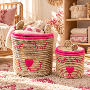 Set de 2 paniers de rangement ourson avec couvercle, fibres naturelles et fil rose vif, pour chambre d'enfant