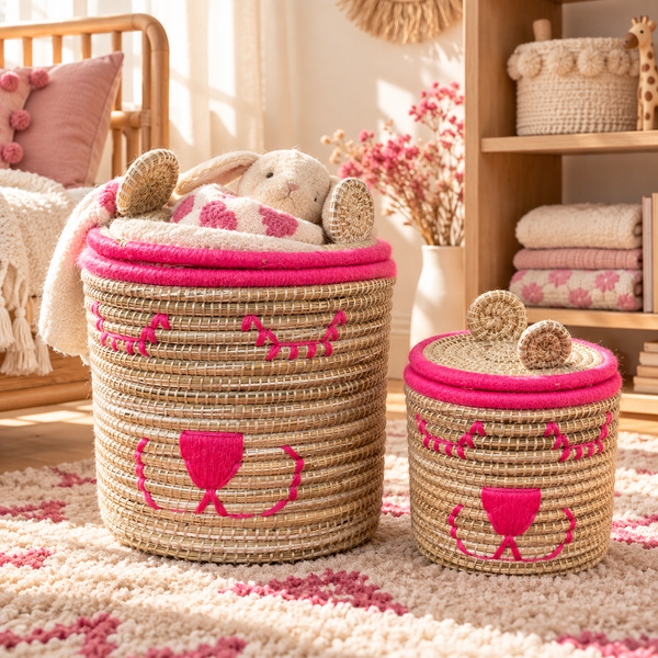 Set de 2 paniers de rangement ourson avec couvercle, fibres naturelles et fil rose vif, pour chambre d'enfant