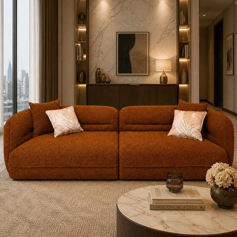 Canapé Design Nomad – Tissu Bouclette Ocre Rouge – Élégance Moderne