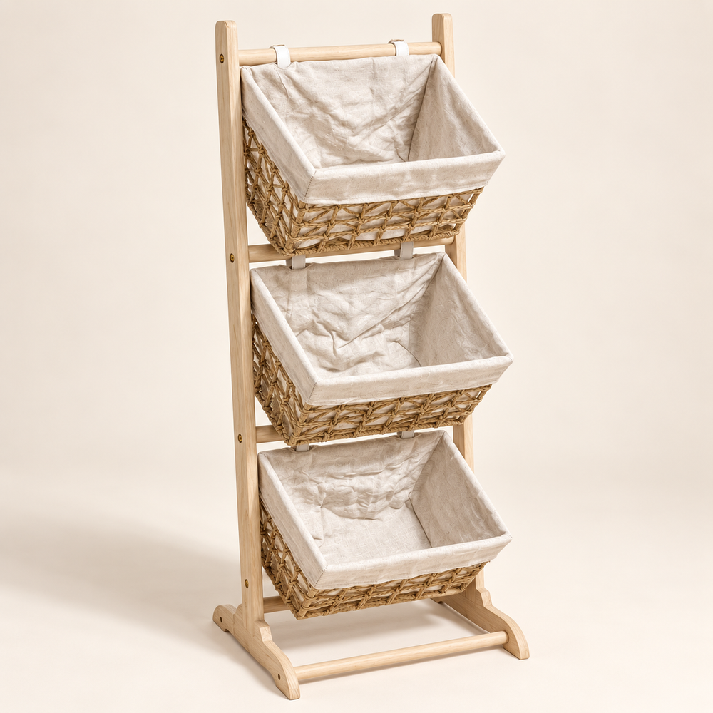 Étagère de rangement à 3 paniers – Structure en bois clair et paniers tressés avec doublure en tissu beige