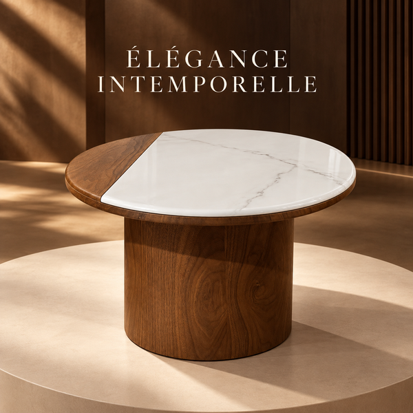 Ensemble de tables basses gigognes – Noyer et plateaux bicolores effet marbre blanc