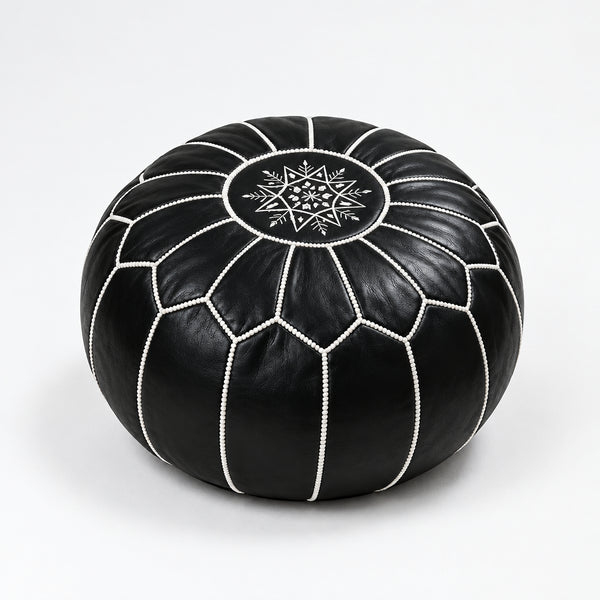 Pouf Marocain Rond en Cuir Noir avec Broderie Blanche