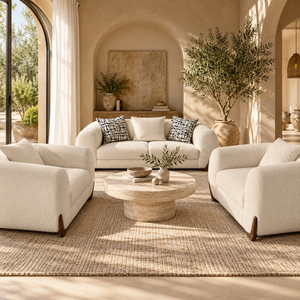 Ensemble salon 2+1+1 en tissu bouclé crème – Pieds bois noyer & design arrondi