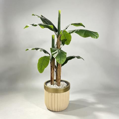 Artificial Tropical Plant in Fluted Beige and Gold Planter