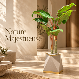 Plante Artificielle Tropicale à Double Tronc avec Pot Géométrique Gris Effet Terrazzo et Liserés Dorés