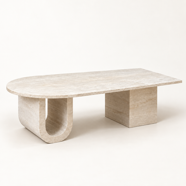 Table basse « Travertin » asymétrique – Plateau demi-ovale, pieds en U et bloc