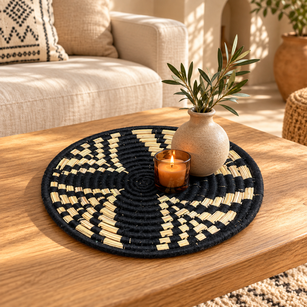 Panier de rangement rond tressé main – Fibres naturelles et fil noir, motif damier en spirale