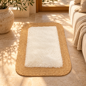 Tapis rectangulaire « Nuage » en fibre naturelle tressée et fourrure synthétique blanche – Bordure en jonc, format vertical