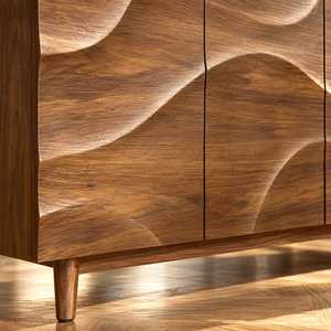Buffet « Vagues » en bois noyer – 4 portes sculptées à motif ondulé
