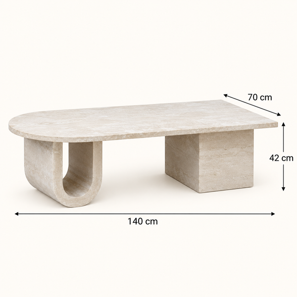 Table basse « Travertin » asymétrique – Plateau demi-ovale, pieds en U et bloc