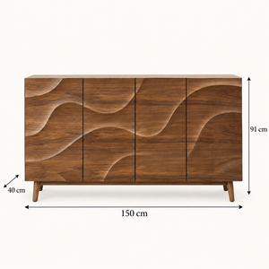 Buffet « Vagues » en bois noyer – 4 portes sculptées à motif ondulé