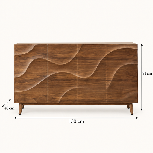 Buffet « Vagues » en bois noyer – 4 portes sculptées à motif ondulé