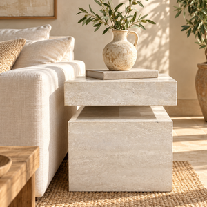 Table de chevet « Cube » en pierre effet travertin – Design géométrique à blocs décalés