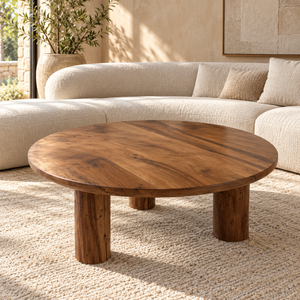 Table basse ronde en bois massif – Trois pieds cylindriques et plateau en noyer naturel