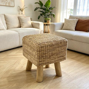 Pouf Tabouret Carré en Jonc Tressé et Pieds en Bois