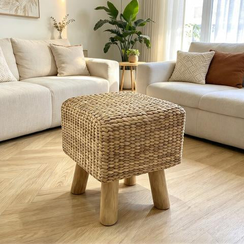 Pouf Tabouret Carré en Jonc Tressé et Pieds en Bois