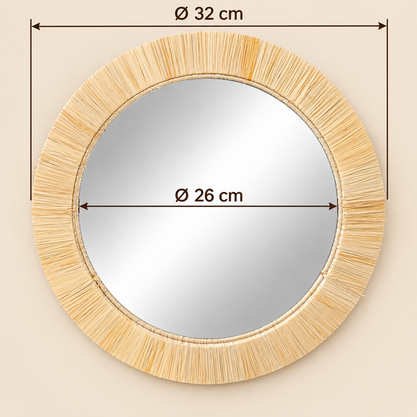 Miroir mural rond en fibres naturelles – Cadre en paille tressée main, style bohème