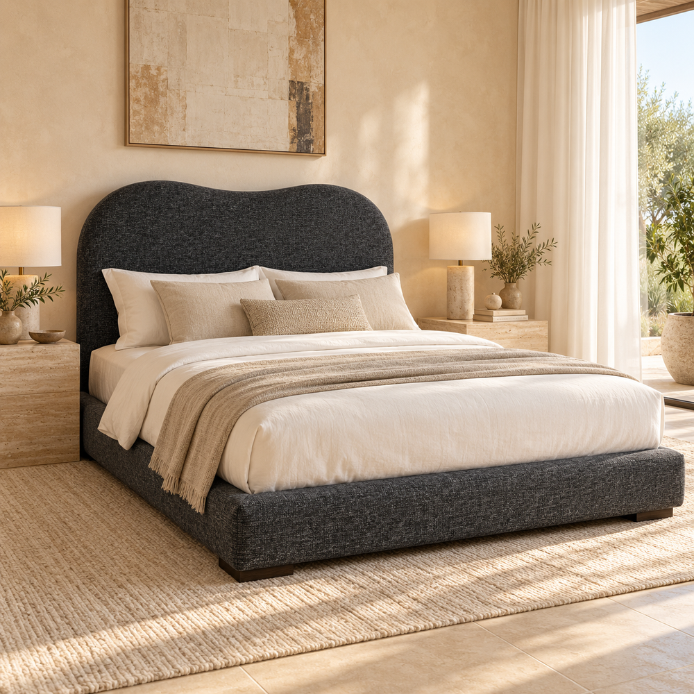 Lit tapissé à tête de lit ondulée – Tissu chiné gris anthracite et cadre bas rembourré5