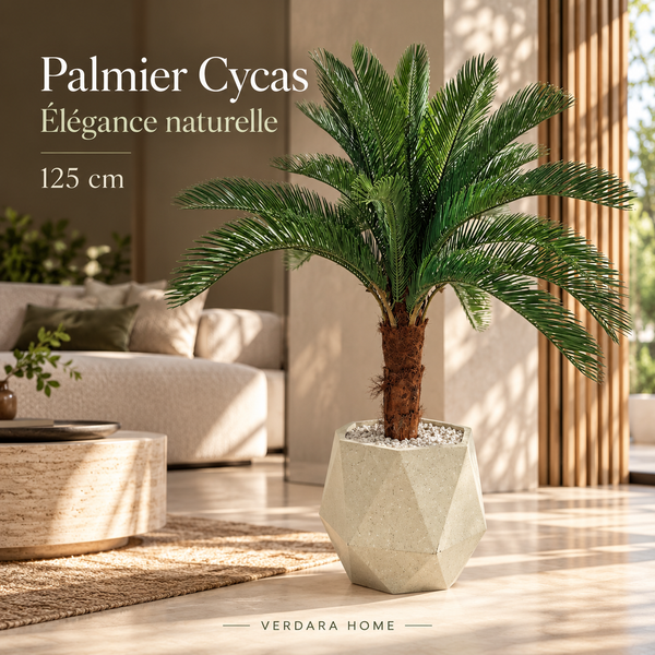 Cycas artificiel (palmier sagou) en pot géométrique beige – Plante effet naturel