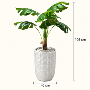 Monstera Artificiel avec Grand Pot Blanc Texturé à Motif Damier