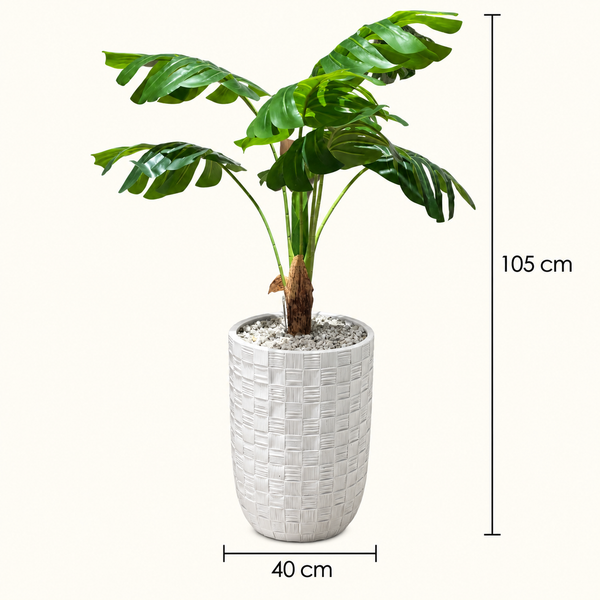 Monstera Artificiel avec Grand Pot Blanc Texturé à Motif Damier