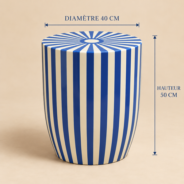 Tabouret Table d'Appoint Rond à Rayures Bleu Roi et Ivoire, Finition Laquée