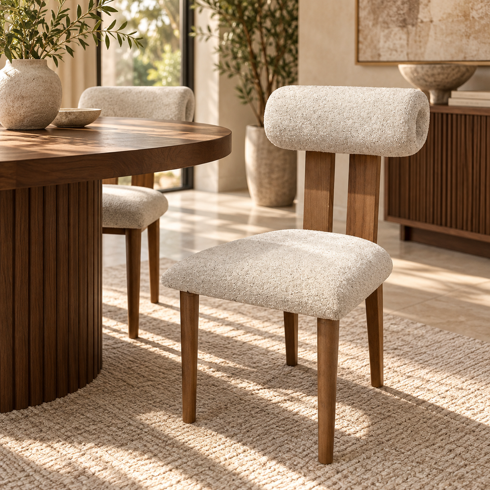 Chaise de Salle à Manger en Bouclette Beige Clair avec Structure en Bois Massif et Dossier Arrondi