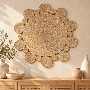 Tapis rond en fibres naturelles tressées, style bohème à médaillons