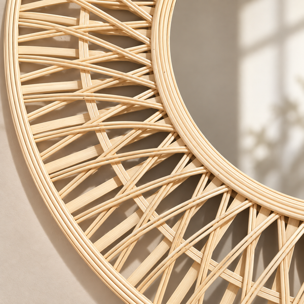 Miroir rond « Rayonnant » en rotin et bambou – Cadre ajouré effet soleil, finition naturelle