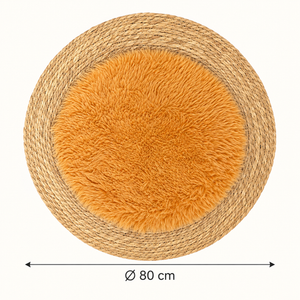 Tapis rond « Soleil » en fibre naturelle tressée et fourrure synthétique orange – Bordure en jonc