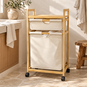 Panier à linge sur roulettes en bambou – 2 sacs en tissu écru amovibles