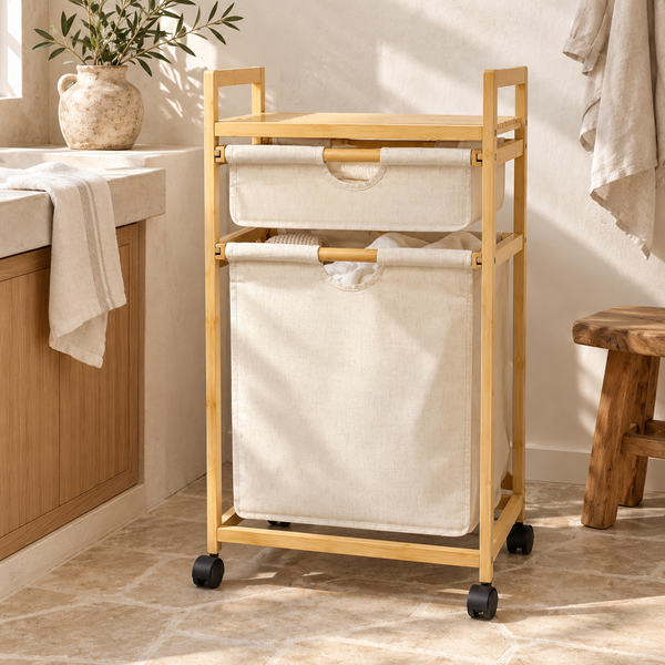 Panier à linge sur roulettes en bambou – 2 sacs en tissu écru amovibles