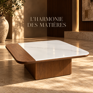 Ensemble de tables basses gigognes – Noyer et plateaux bicolores effet marbre blanc