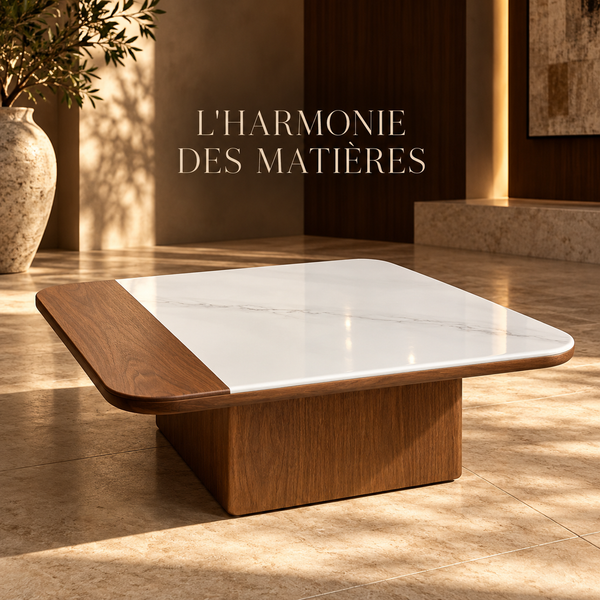 Ensemble de tables basses gigognes – Noyer et plateaux bicolores effet marbre blanc