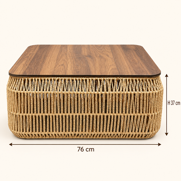 Grande table basse carrée « Raphia » en corde tressée – Plateau en bois effet noyer