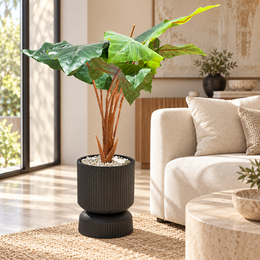 Plante Artificielle Alocasia à Grandes Feuilles avec Pot Noir Strié sur Pied