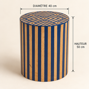 Table d'Appoint Cylindrique en Bois de Chêne et Laque Bleu Roi, Plateau Géométrique
