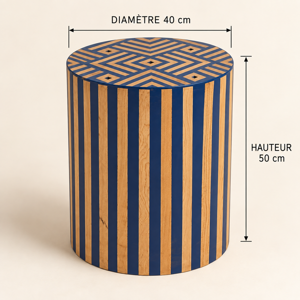 Table d'Appoint Cylindrique en Bois de Chêne et Laque Bleu Roi, Plateau Géométrique