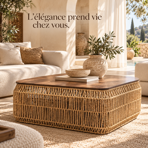 Grande table basse carrée « Raphia » en corde tressée – Plateau en bois effet noyer