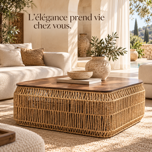 Grande table basse carrée « Raphia » en corde tressée – Plateau en bois effet noyer
