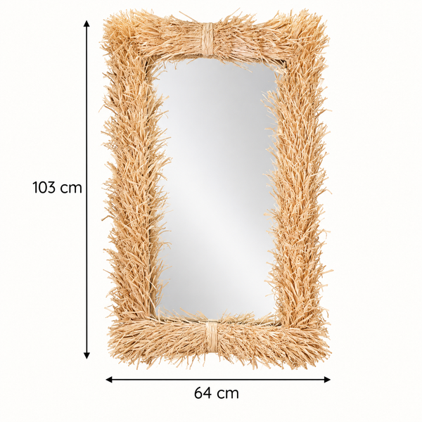 Miroir mural « Raphia » rectangulaire – Cadre en raphia naturel effet frangé
