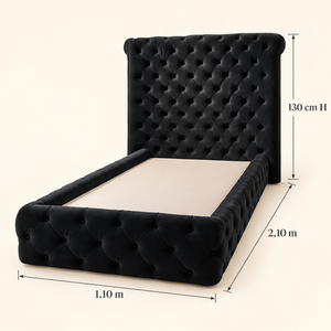 Lit Capitonné en Velours Noir avec Haute Tête de Lit et Cadre Enveloppant, Style Chesterfield